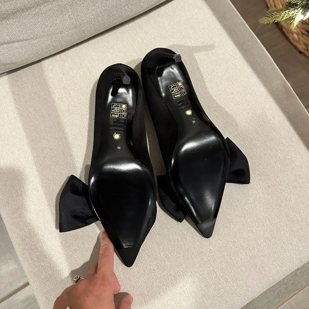 NEW Stuart Weitzman Loveknot Black Satin Bow Heels - Picture 5 of 14